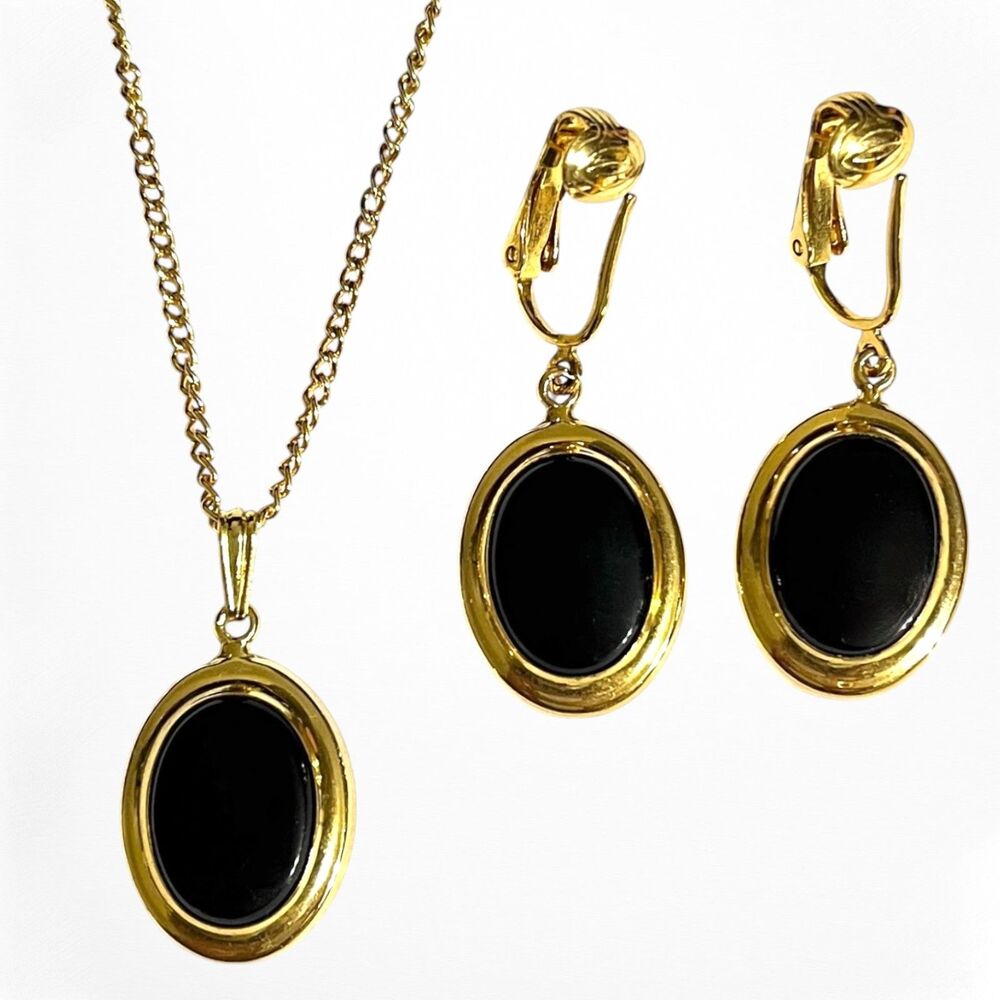 Vtg Sarah Coventry Necklace Clip-on Earrings Set Jet Elegance Black Gold Tone